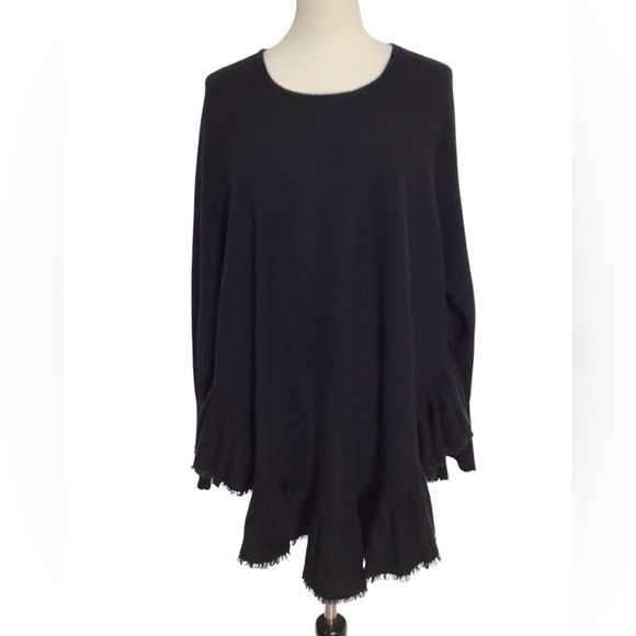 Minnie Rose Black Cashmere Long Sleeve Ruffle Fringe Trim Poncho Style Sweater - Picture 3 of 6